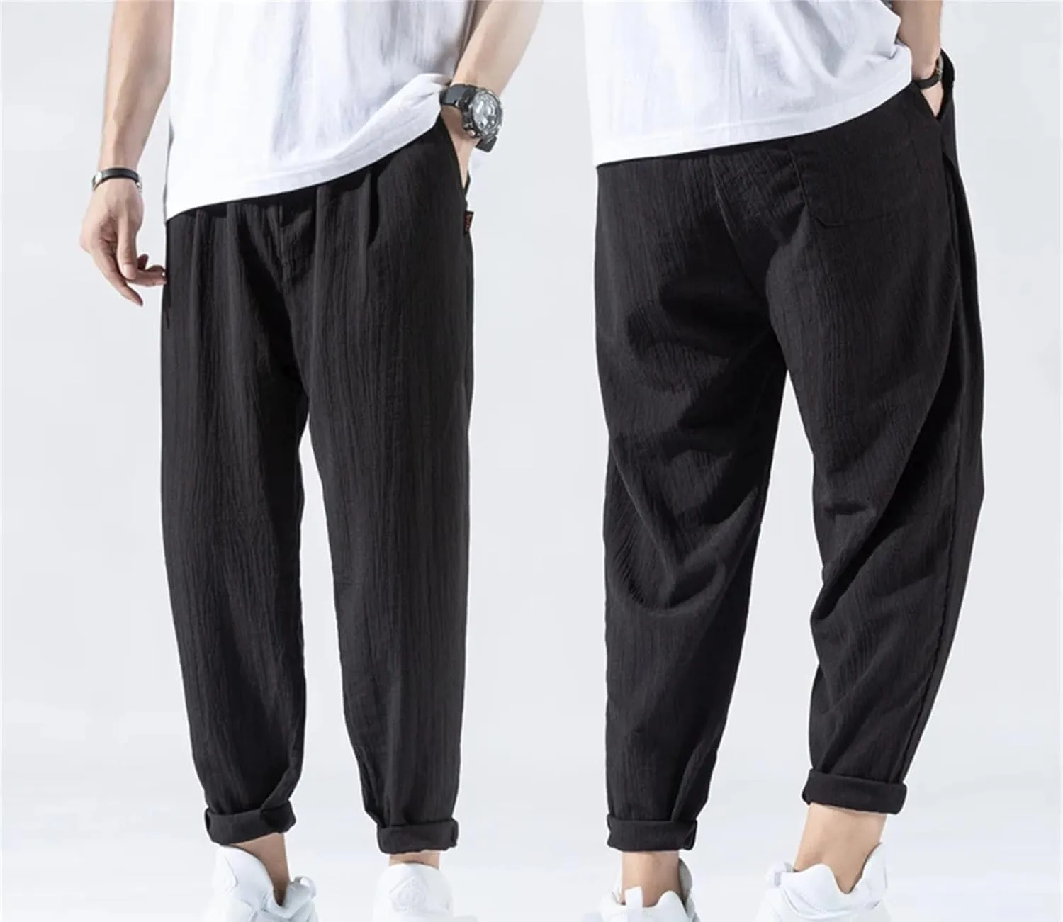 Men's Thin Casual Sports Trousers Slim Fit Nine Cent Pants Multi Pockets Sweatpants