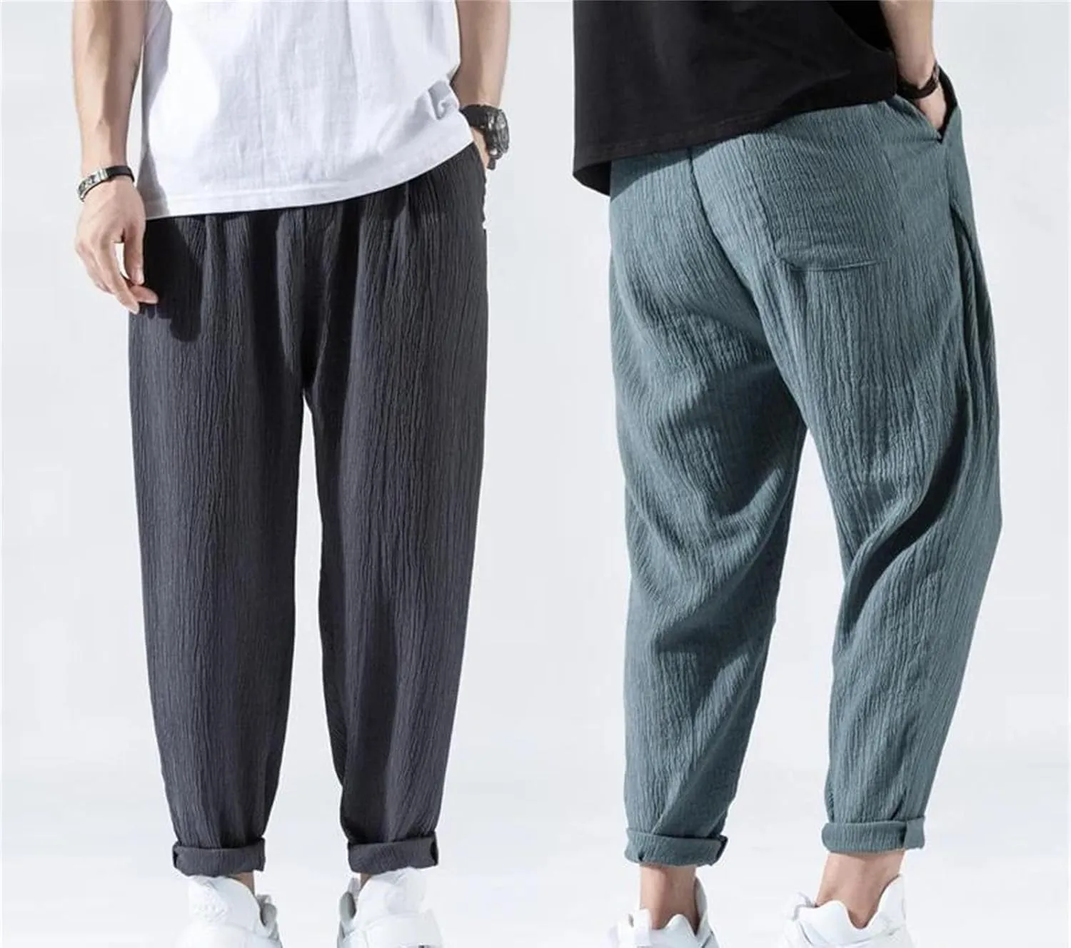Men's Thin Casual Sports Trousers Slim Fit Nine Cent Pants Multi Pockets Sweatpants