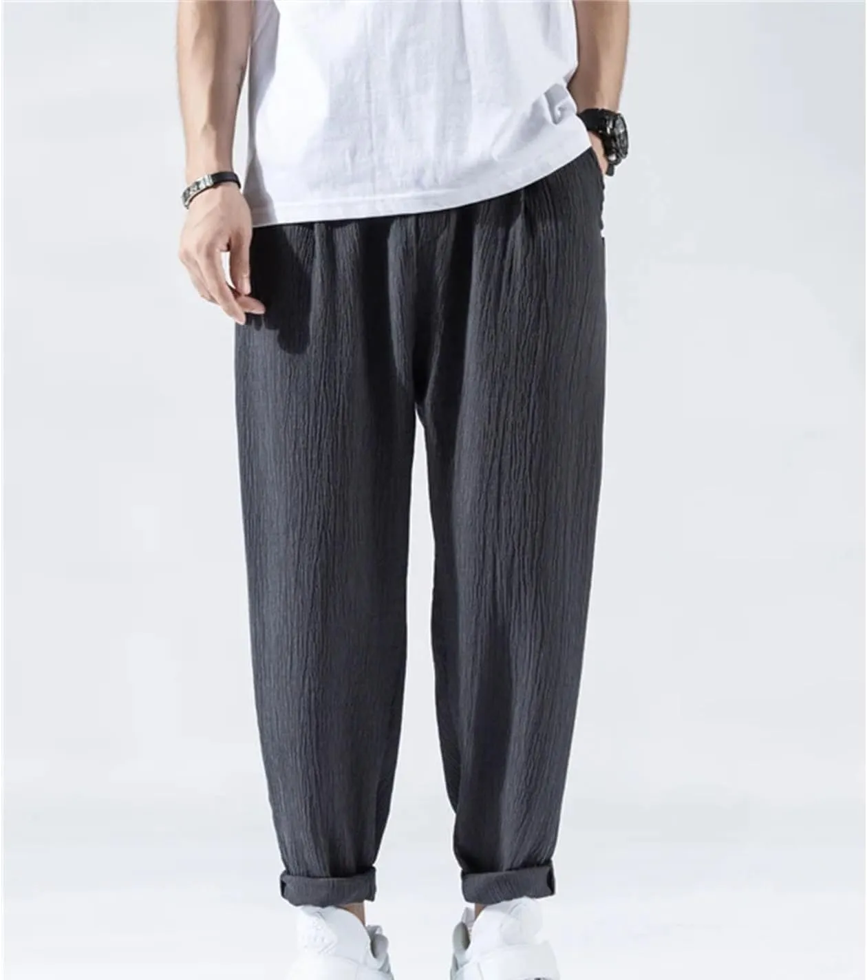Men's Thin Casual Sports Trousers Slim Fit Nine Cent Pants Multi Pockets Sweatpants