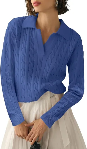 Micoson Womens Fall Long Sleeve Sweaters Lapel V Neck Cable Knitted Pullover Casual Soft Jumper Top