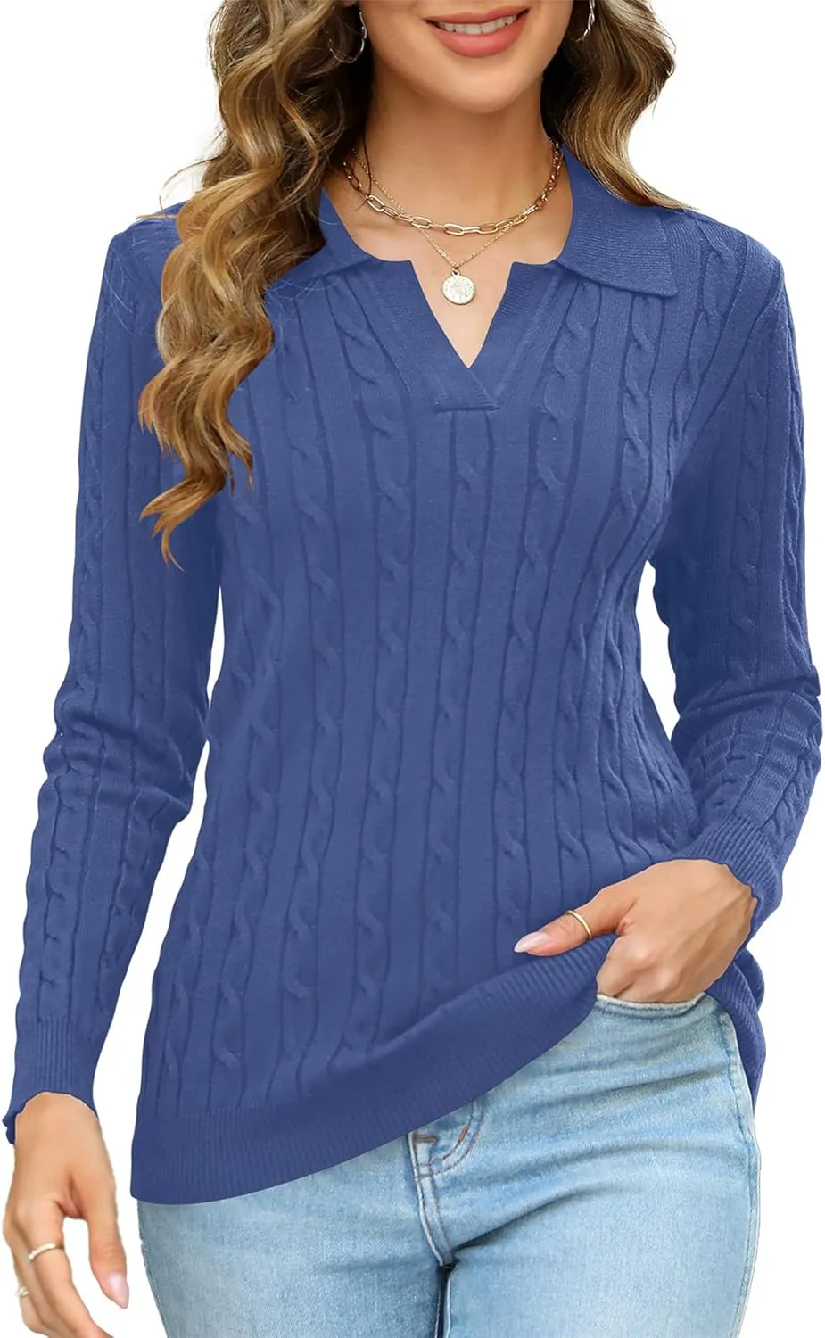Micoson Womens Fall Long Sleeve Sweaters Lapel V Neck Cable Knitted Pullover Casual Soft Jumper Top