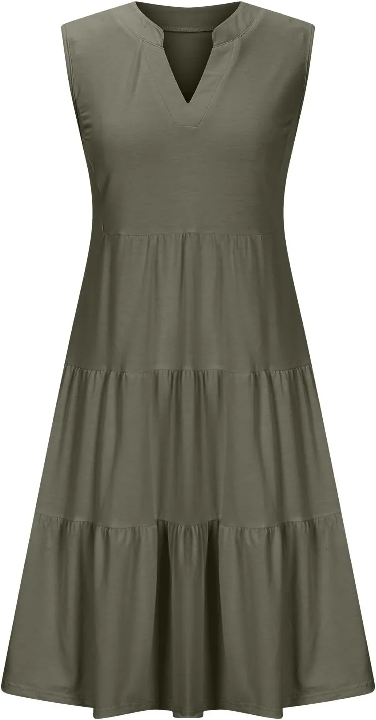 Midi Dress for Women Sleeveless V Neck Tiered Summer Dresses Flowy Swing Sundress Boho Beach Vacation Dress