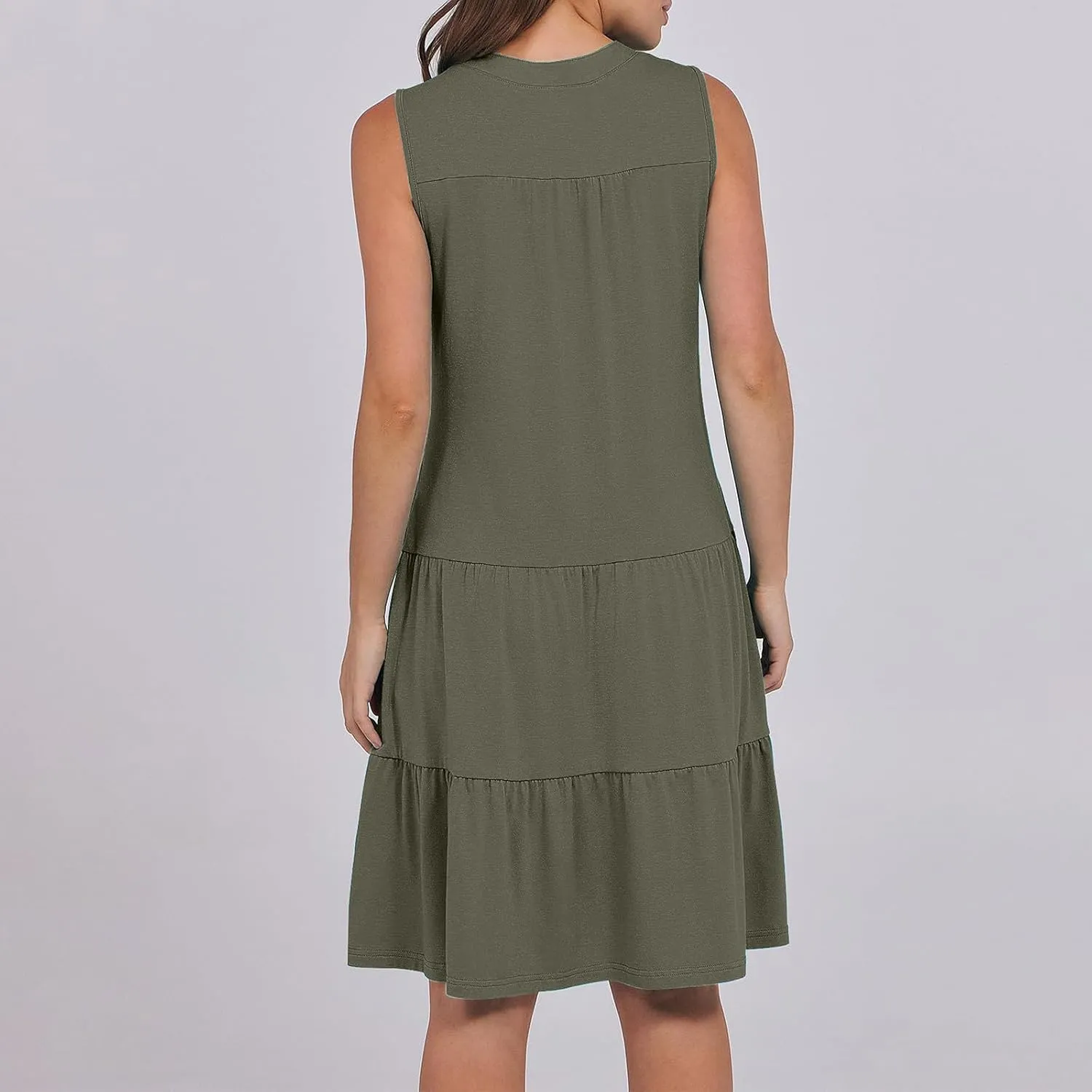 Midi Dress for Women Sleeveless V Neck Tiered Summer Dresses Flowy Swing Sundress Boho Beach Vacation Dress