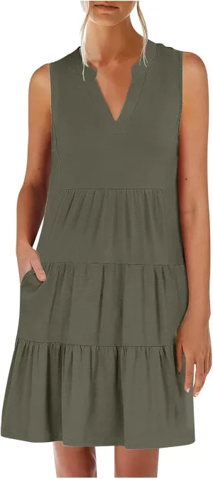 Midi Dress for Women Sleeveless V Neck Tiered Summer Dresses Flowy Swing Sundress Boho Beach Vacation Dress