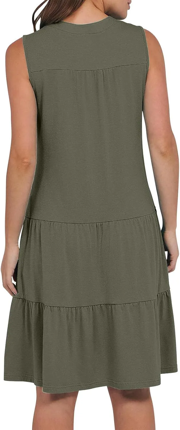 Midi Dress for Women Sleeveless V Neck Tiered Summer Dresses Flowy Swing Sundress Boho Beach Vacation Dress