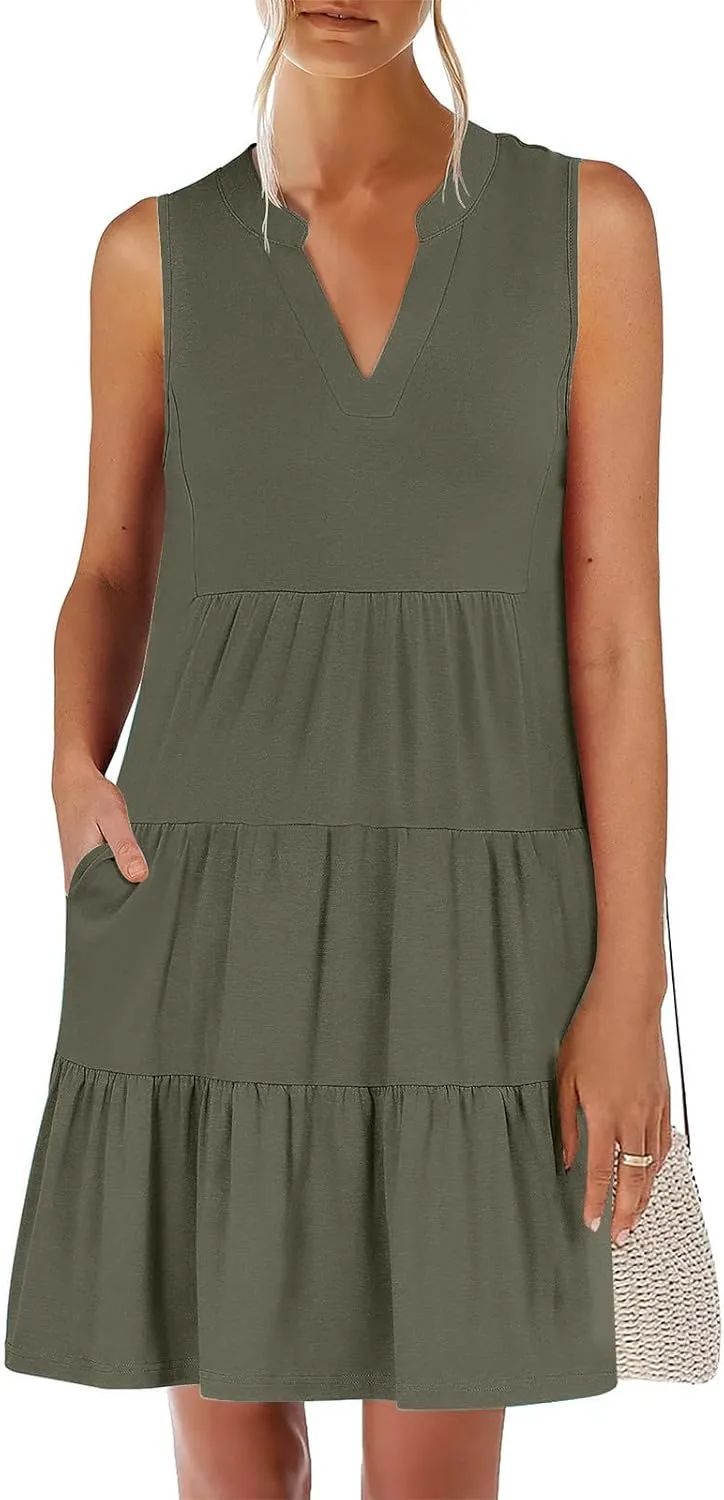 Midi Dress for Women Sleeveless V Neck Tiered Summer Dresses Flowy Swing Sundress Boho Beach Vacation Dress