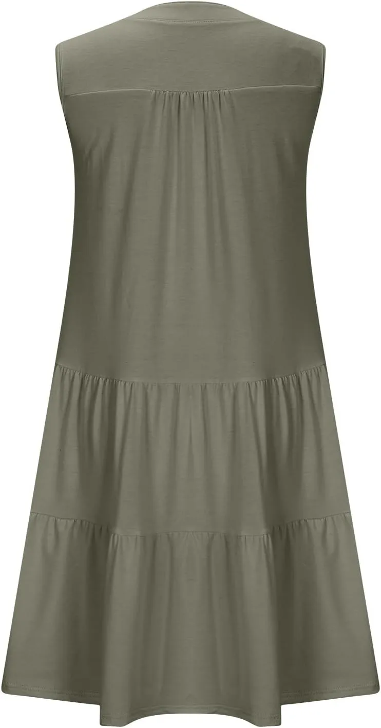 Midi Dress for Women Sleeveless V Neck Tiered Summer Dresses Flowy Swing Sundress Boho Beach Vacation Dress