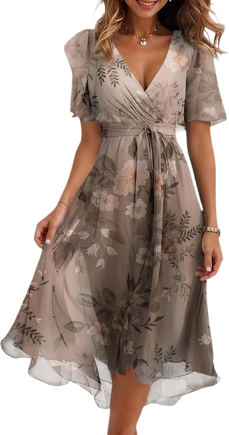 Midi Dresses for Women 2025,Wrap Flowy Womens Dress Wedding Prom Cocktail Summer Sexy Dresses for Women Chiffon