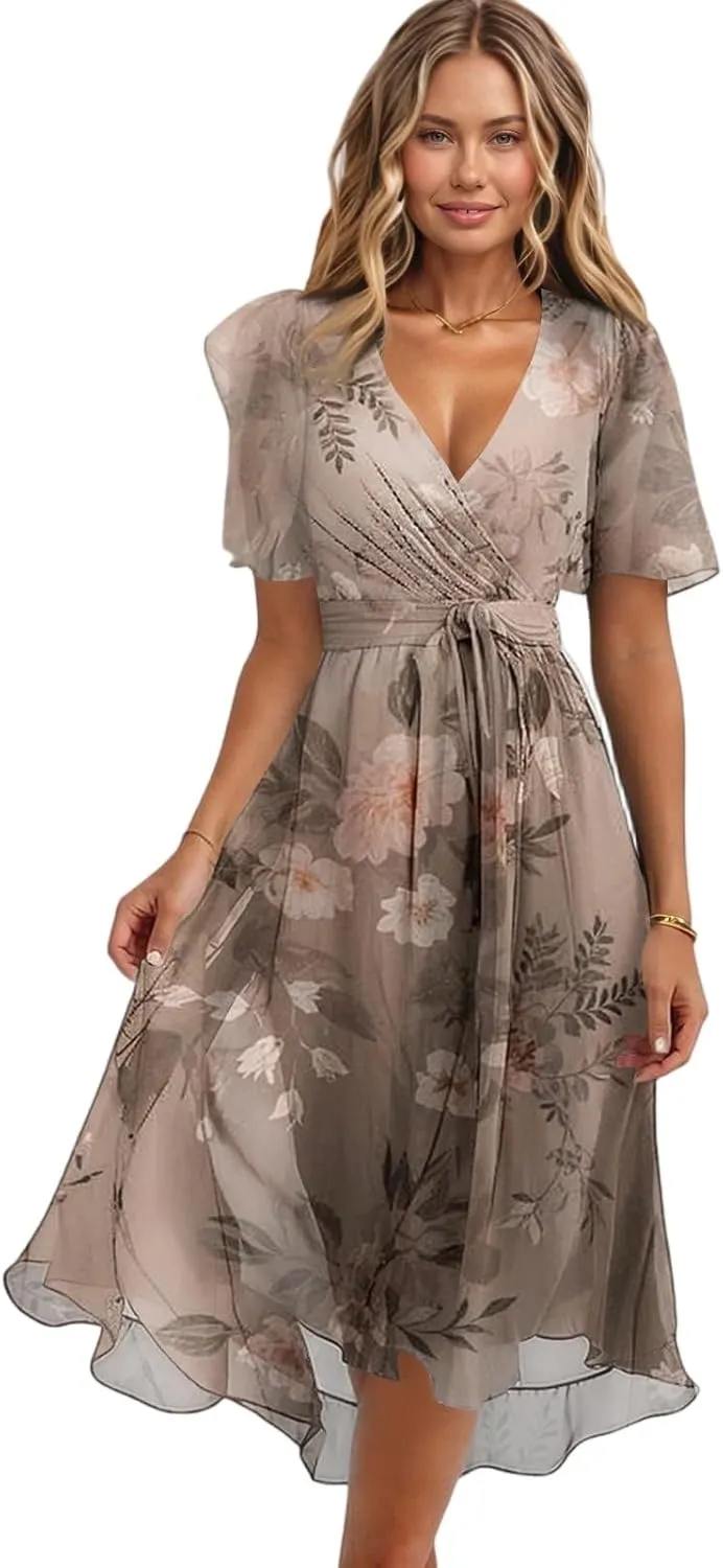 Midi Dresses for Women 2025,Wrap Flowy Womens Dress Wedding Prom Cocktail Summer Sexy Dresses for Women Chiffon