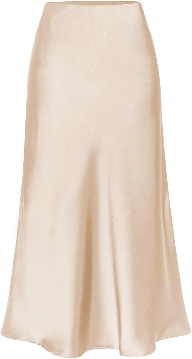 Midi Satin Skirts for Women with Slit Silk Skirts for Women High Waist Silky Side Split Party Flared Casual A Line Midi Skirt