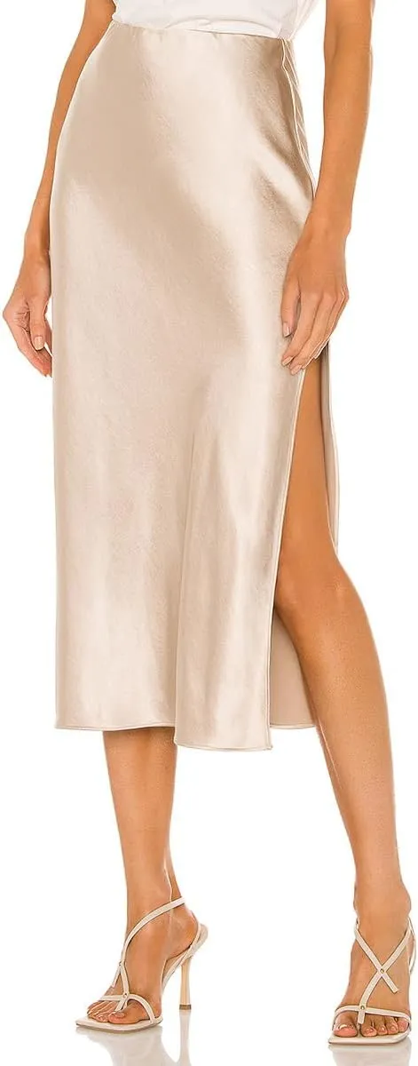 Midi Satin Skirts for Women with Slit Silk Skirts for Women High Waist Silky Side Split Party Flared Casual A Line Midi Skirt