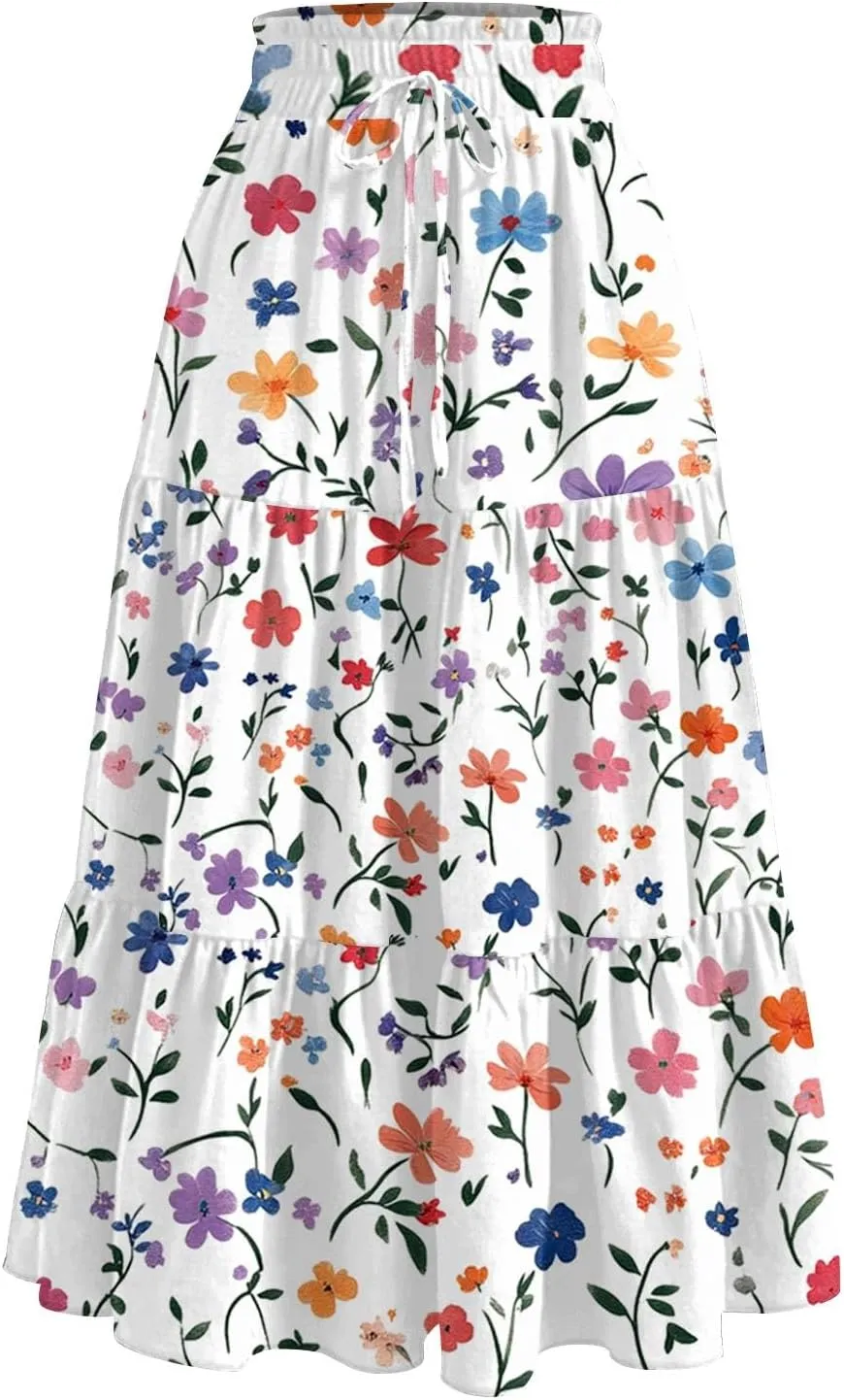 Midi Skirts for Women 2025 Boho Floral Skirts High Elastic Waisted Tiered Ruffle Skirt Flowy A Line Skorts with Pockets