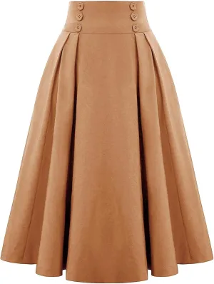Midi Skirts for Women Button Elastic High Waist Pleated A Line Skirts Summer Loose Casual Skirt for Women