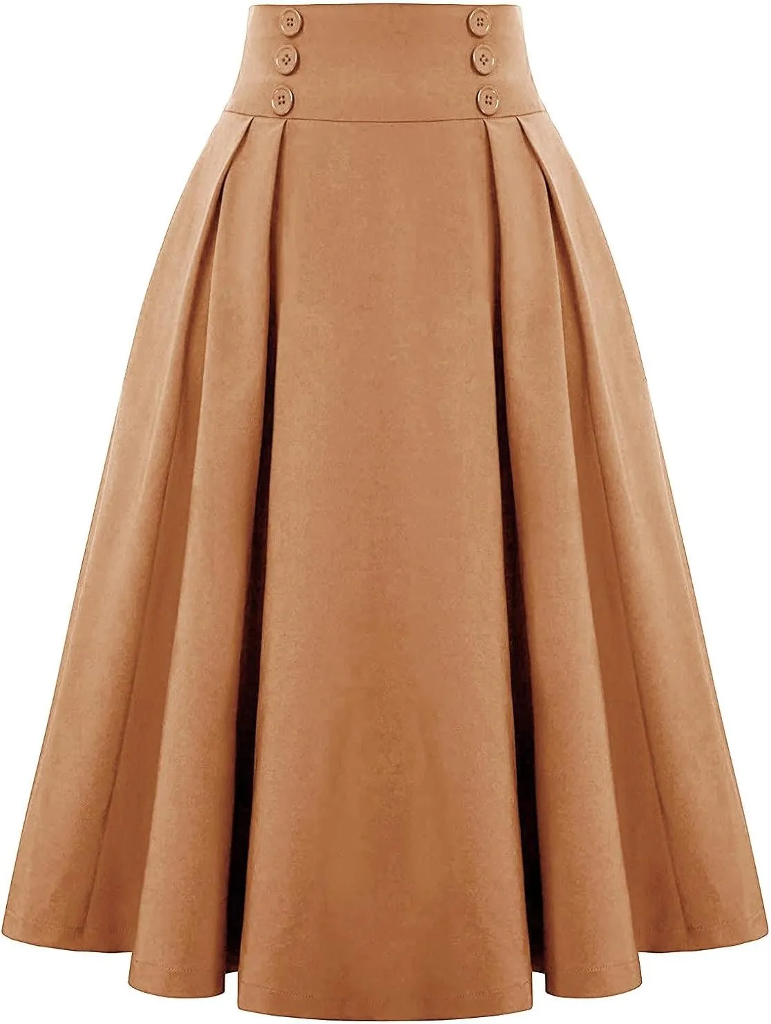 Midi Skirts for Women Button Elastic High Waist Pleated A Line Skirts Summer Loose Casual Skirt for Women