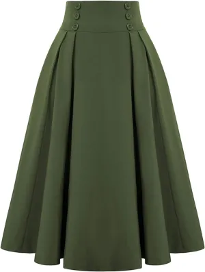 Midi Skirts for Women Button Elastic High Waist Pleated A Line Skirts Summer Loose Casual Skirt for Women