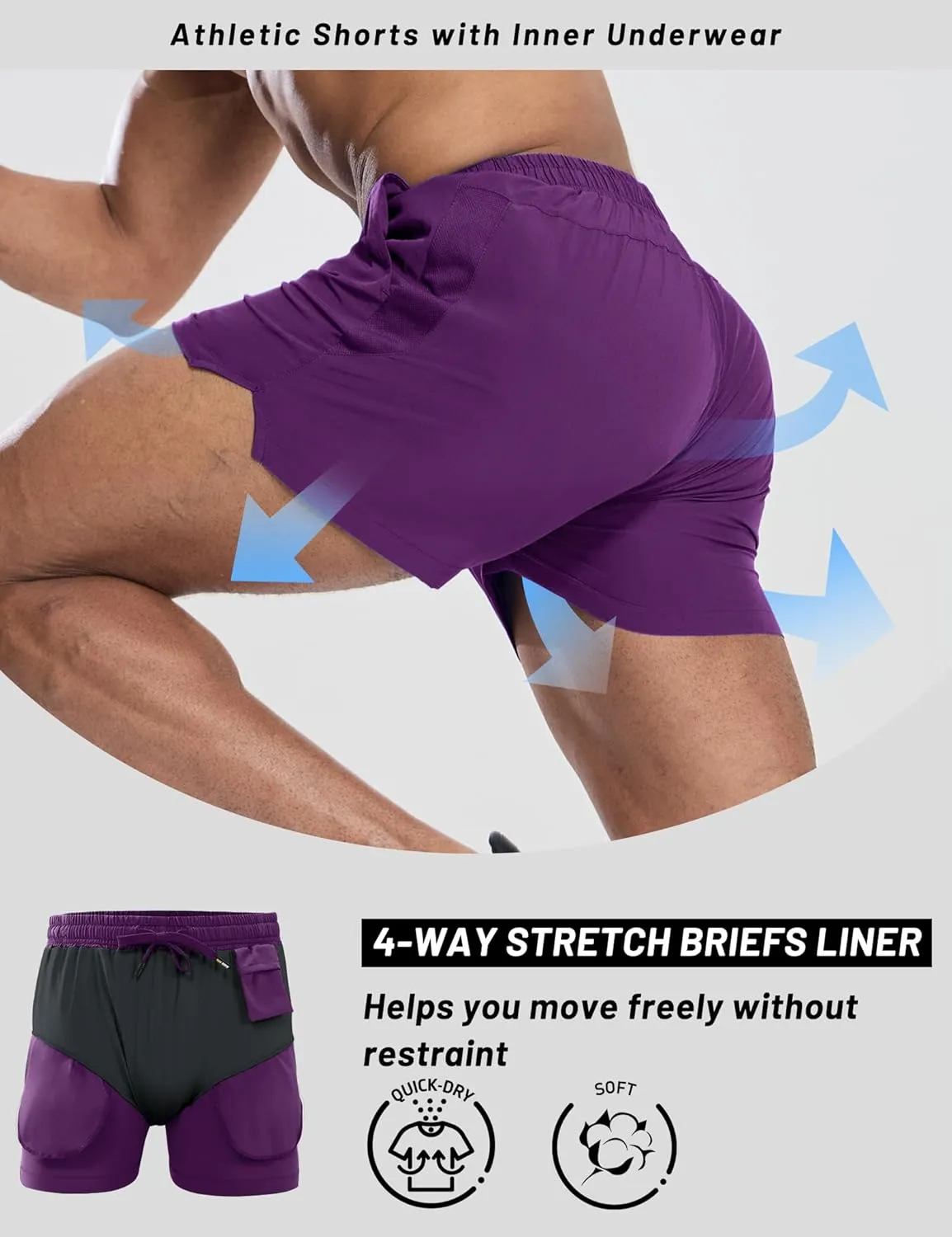 MIER Mens 3 Inch Shorts for Athletic Running Dry Fit Lightweight Workout Gym Active Shorts with Brief Liner, Pockets