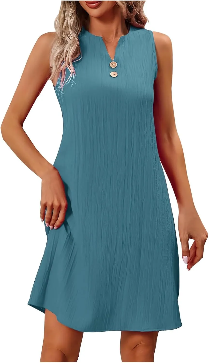 Mini Dress for Women 2025 Summer Notch V Neck Sleeveless Knee Length Dresses Casual Loose Fit A-Line Beach Sundress