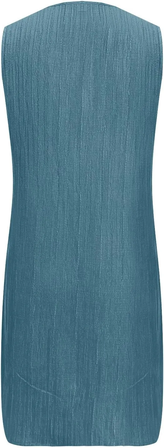 Mini Dress for Women 2025 Summer Notch V Neck Sleeveless Knee Length Dresses Casual Loose Fit A-Line Beach Sundress
