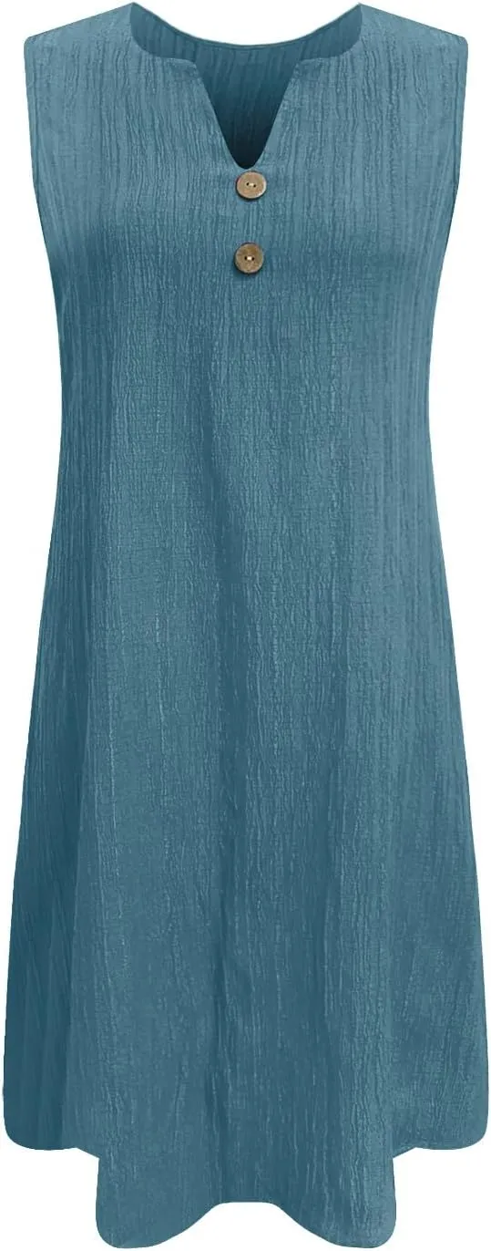 Mini Dress for Women 2025 Summer Notch V Neck Sleeveless Knee Length Dresses Casual Loose Fit A-Line Beach Sundress