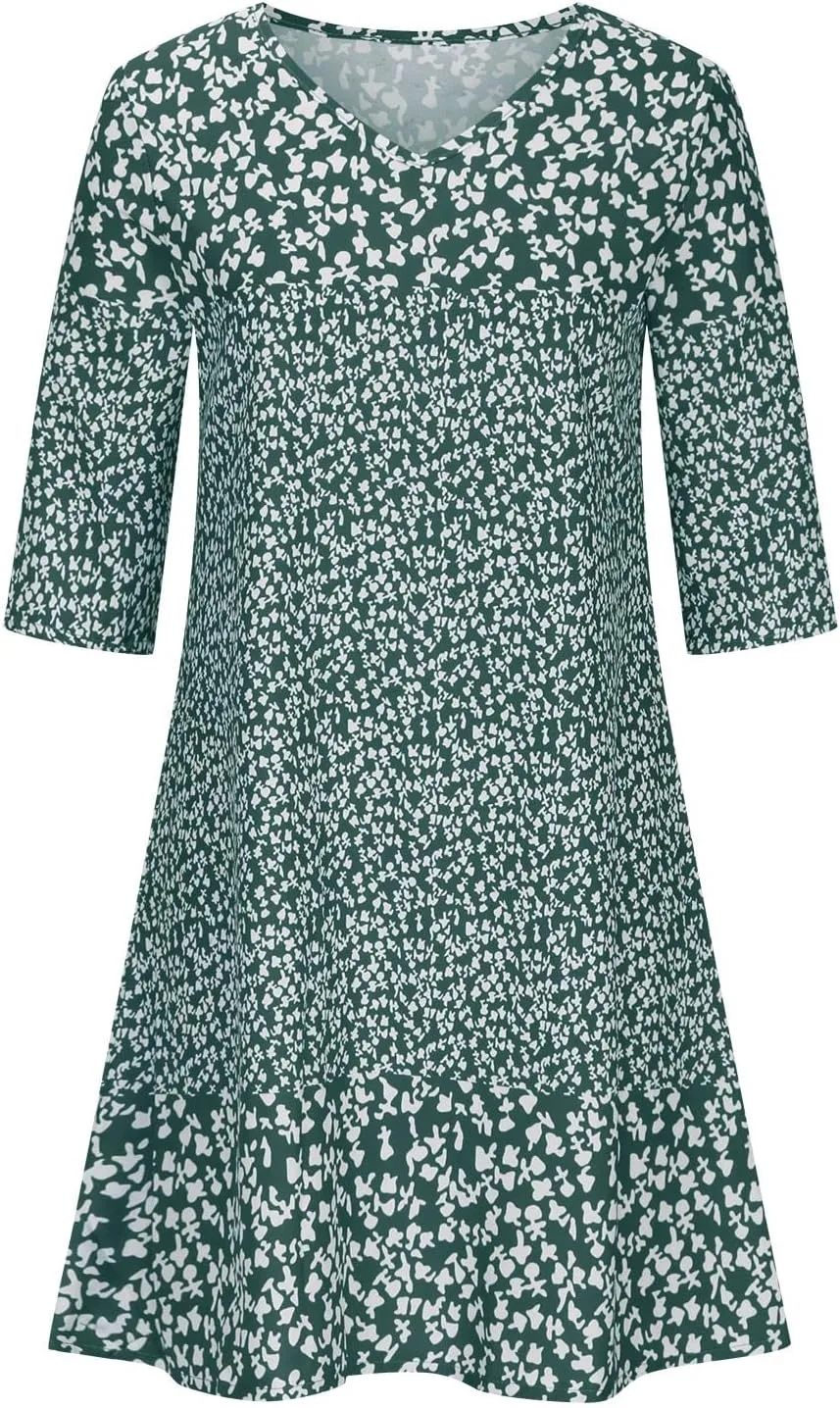 Mini Dresses for Women 2025 Trendy Floral Print 3/4 Sleeve V Neck Short Dress Summer Plus Size Ruffled Casual Dress