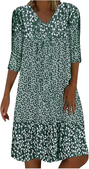Mini Dresses for Women 2025 Trendy Floral Print 3/4 Sleeve V Neck Short Dress Summer Plus Size Ruffled Casual Dress