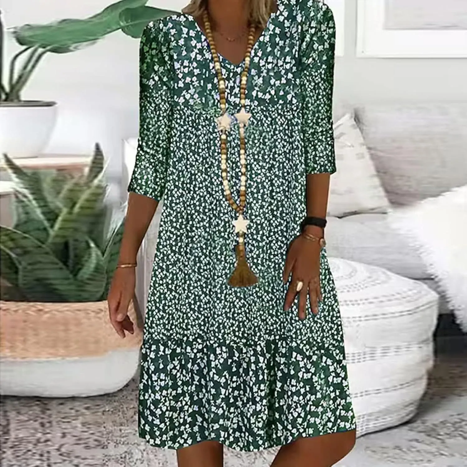 Mini Dresses for Women 2025 Trendy Floral Print 3/4 Sleeve V Neck Short Dress Summer Plus Size Ruffled Casual Dress