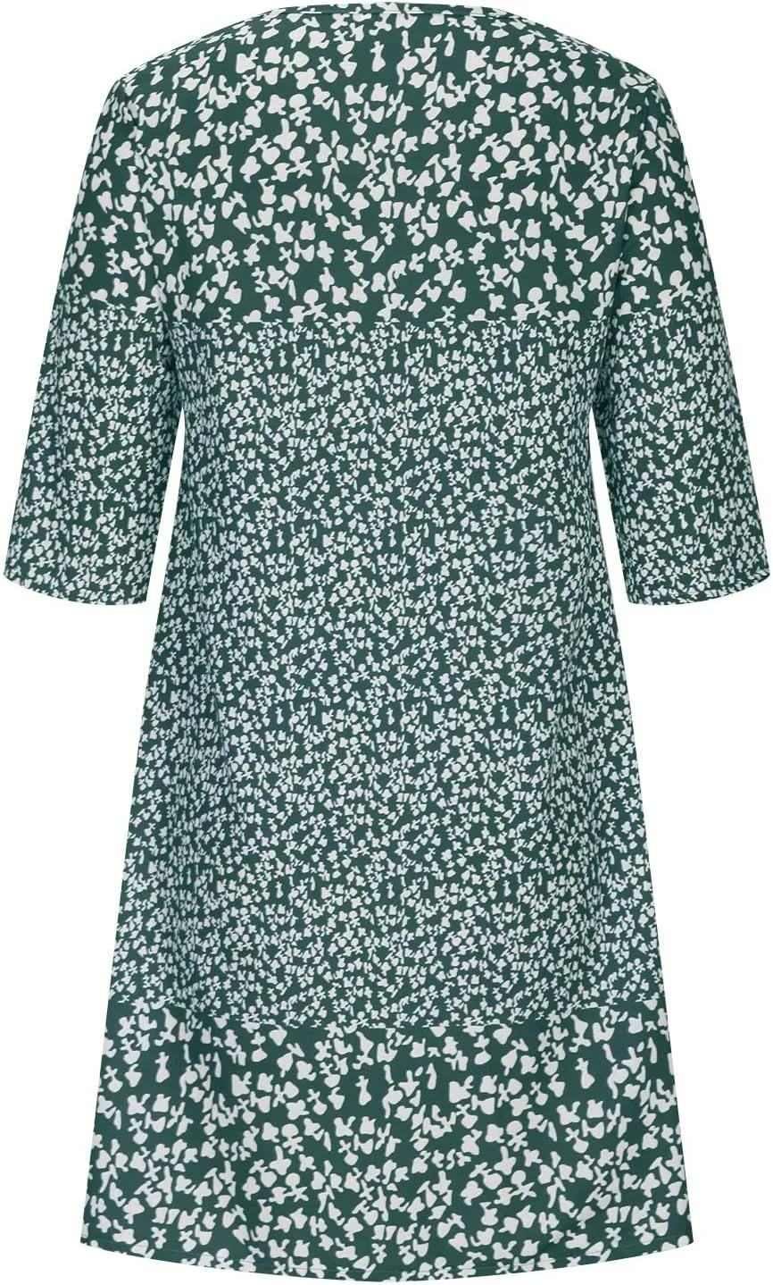Mini Dresses for Women 2025 Trendy Floral Print 3/4 Sleeve V Neck Short Dress Summer Plus Size Ruffled Casual Dress
