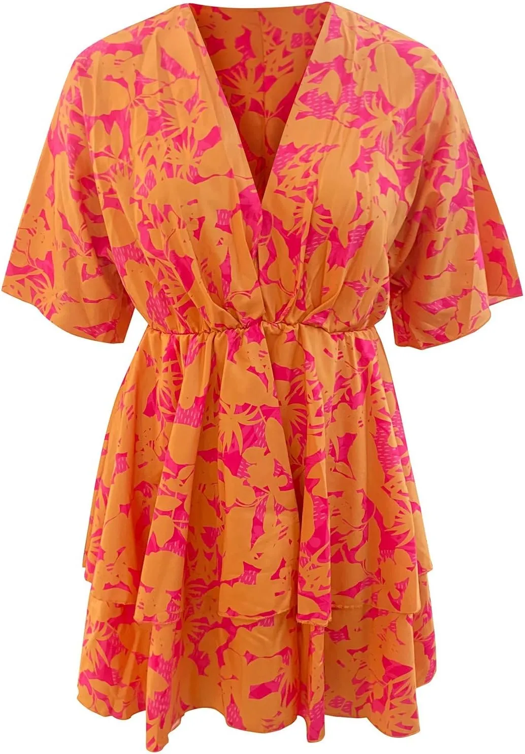 Mini Dresses for Women Summer Boho Floral V Neck Batwing Sleeve Tiered Ruffle Dress Empire Waist Flowy A Line Vacation Dress