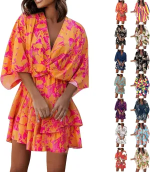 Mini Dresses for Women Summer Boho Floral V Neck Batwing Sleeve Tiered Ruffle Dress Empire Waist Flowy A Line Vacation Dress