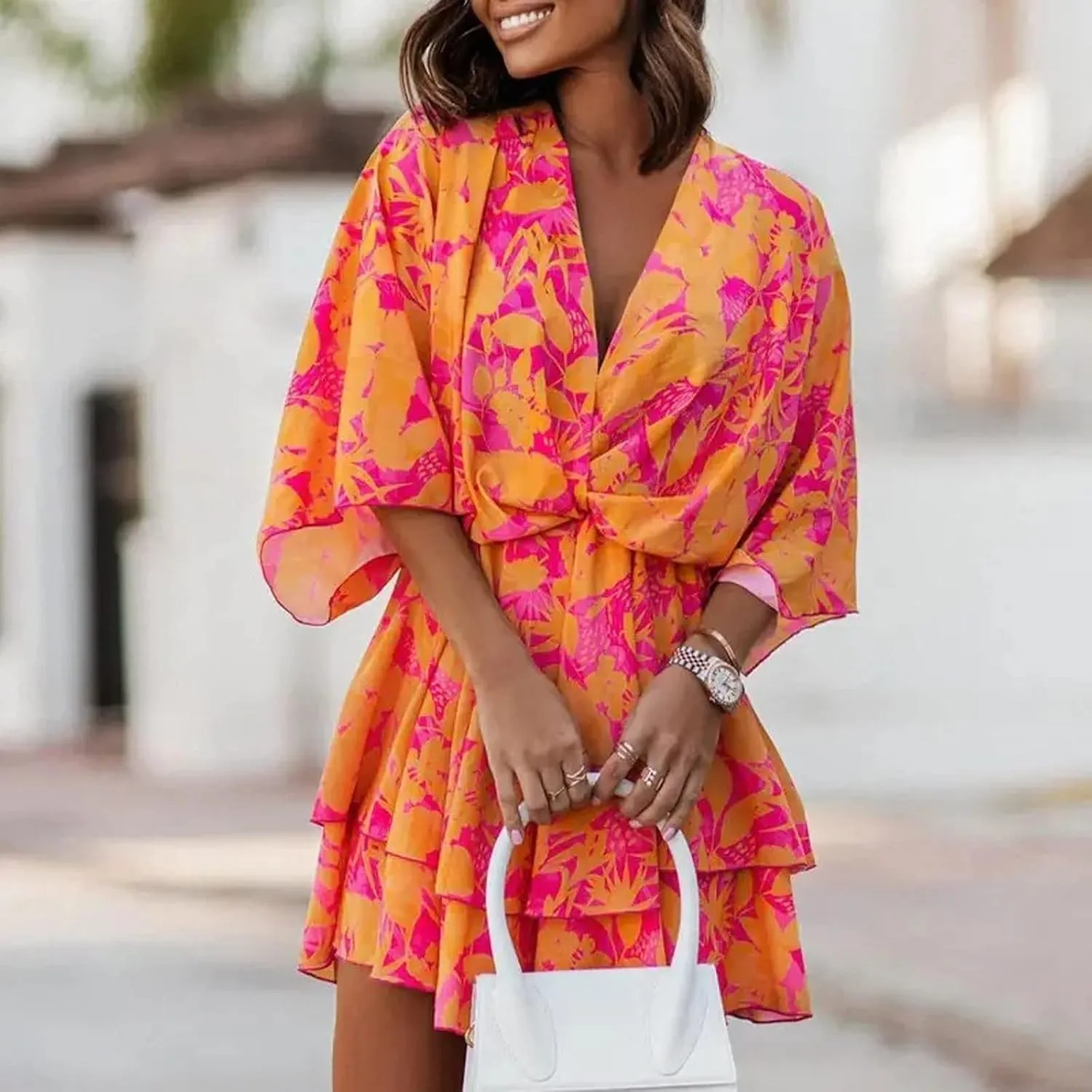 Mini Dresses for Women Summer Boho Floral V Neck Batwing Sleeve Tiered Ruffle Dress Empire Waist Flowy A Line Vacation Dress