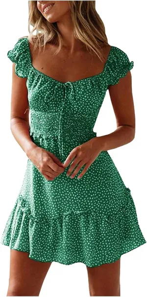 Mini Dresses for Women Summer Casual Floral Boho Sundress Ruffle Short Sleeve Square Neck High Waist Party Sun Dresses