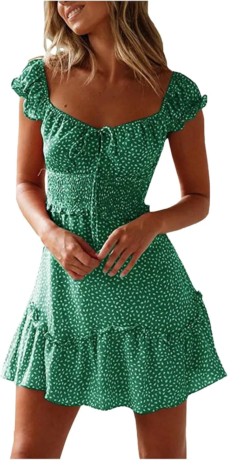 Mini Dresses for Women Summer Casual Floral Boho Sundress Ruffle Short Sleeve Square Neck High Waist Party Sun Dresses