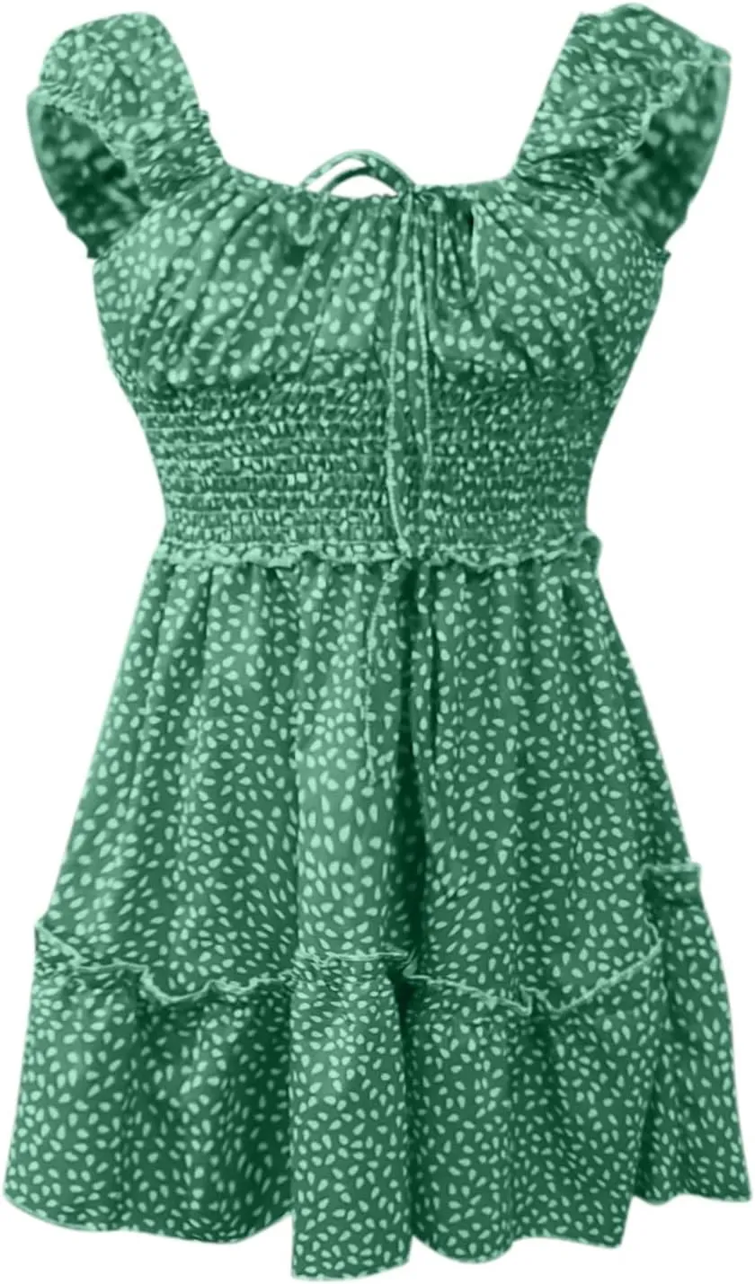Mini Dresses for Women Summer Casual Floral Boho Sundress Ruffle Short Sleeve Square Neck High Waist Party Sun Dresses