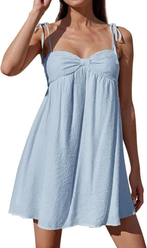 Mini Sundresses for Women 2025 Vacation Spaghetti Strap Loose Bow Babydoll Dress Casual Summer Flowy Beach Sun Dress