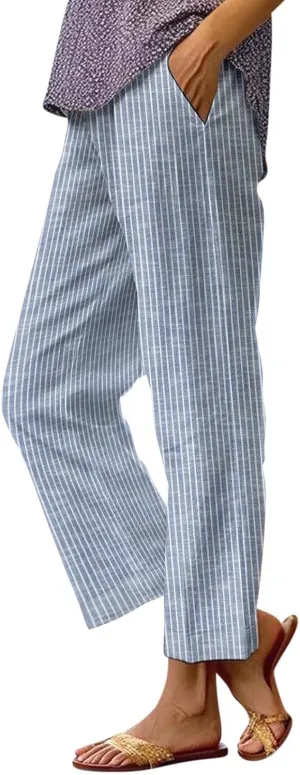 MINTLIMIT Women Striped Linen Pants Drawstring Casual Wide Leg Elastic Waist Trousers Loose Summer Lounge Pants with Pockets
