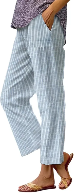 MINTLIMIT Women Striped Linen Pants Drawstring Casual Wide Leg Elastic Waist Trousers Loose Summer Lounge Pants with Pockets