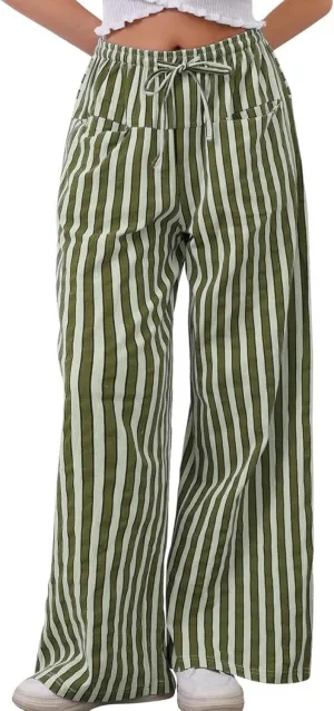 MINTLIMIT Women Striped Linen Pants Drawstring Casual Wide Leg Elastic Waist Trousers Loose Summer Lounge Pants with Pockets