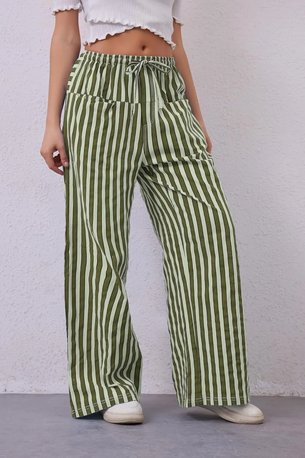 MINTLIMIT Women Striped Linen Pants Drawstring Casual Wide Leg Elastic Waist Trousers Loose Summer Lounge Pants with Pockets