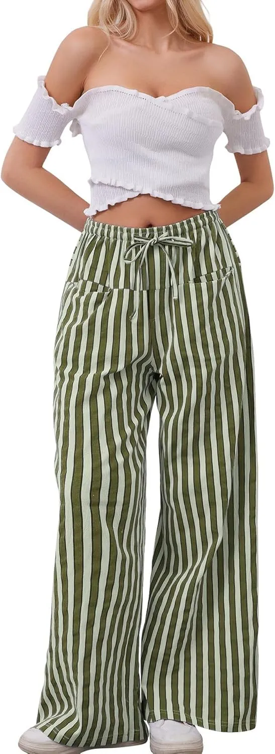 MINTLIMIT Women Striped Linen Pants Drawstring Casual Wide Leg Elastic Waist Trousers Loose Summer Lounge Pants with Pockets