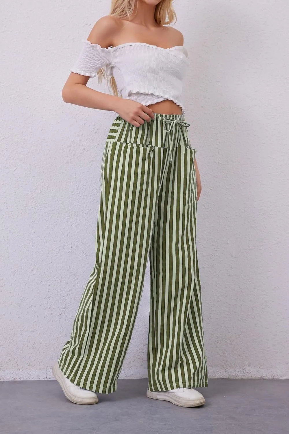 MINTLIMIT Women Striped Linen Pants Drawstring Casual Wide Leg Elastic Waist Trousers Loose Summer Lounge Pants with Pockets