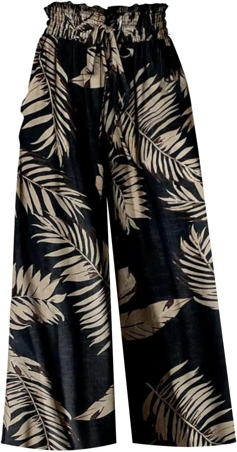 Miyaomn Womens Casual Elastic Waist Wide Leg Pants 2024 Summer Floral Solid Flowy Pockets Palazzo Pants Lounge Beach Trousers