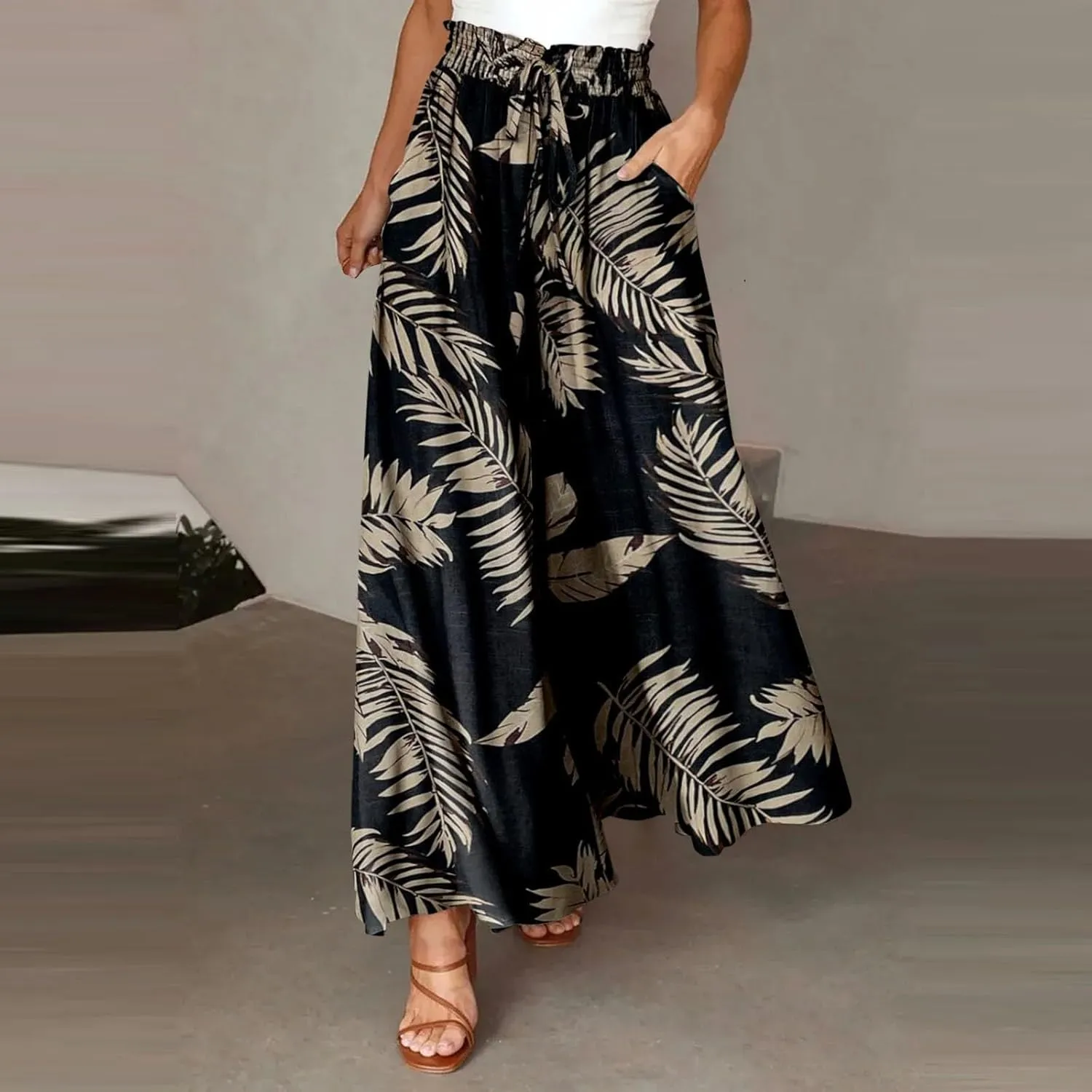 Miyaomn Womens Casual Elastic Waist Wide Leg Pants 2024 Summer Floral Solid Flowy Pockets Palazzo Pants Lounge Beach Trousers