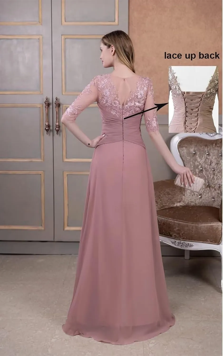 Mother of The Bride Dresses A-line Scoop Illusion Floor Length Chiffon Lace Wedding Guest Dress Long Formal Evening Gowns