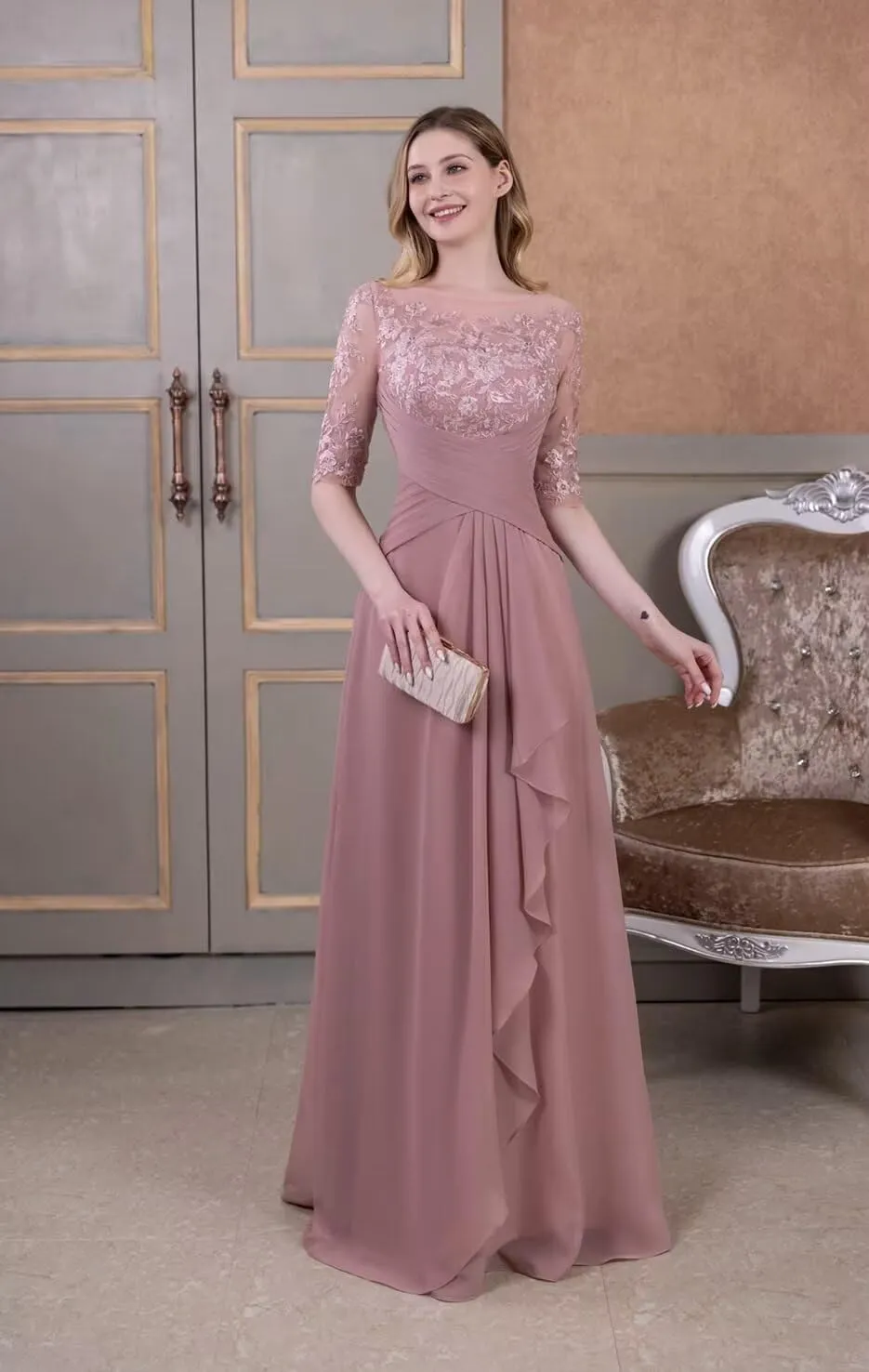 Mother of The Bride Dresses A-line Scoop Illusion Floor Length Chiffon Lace Wedding Guest Dress Long Formal Evening Gowns