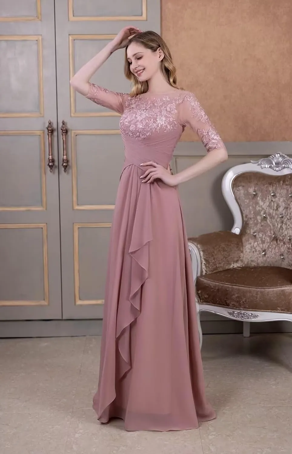 Mother of The Bride Dresses A-line Scoop Illusion Floor Length Chiffon Lace Wedding Guest Dress Long Formal Evening Gowns