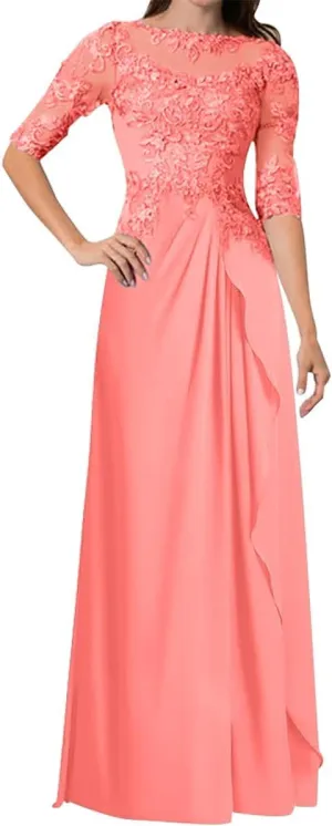 Mother of The Bride Dresses A-line Scoop Illusion Floor Length Chiffon Lace Wedding Guest Dress Long Formal Evening Gowns
