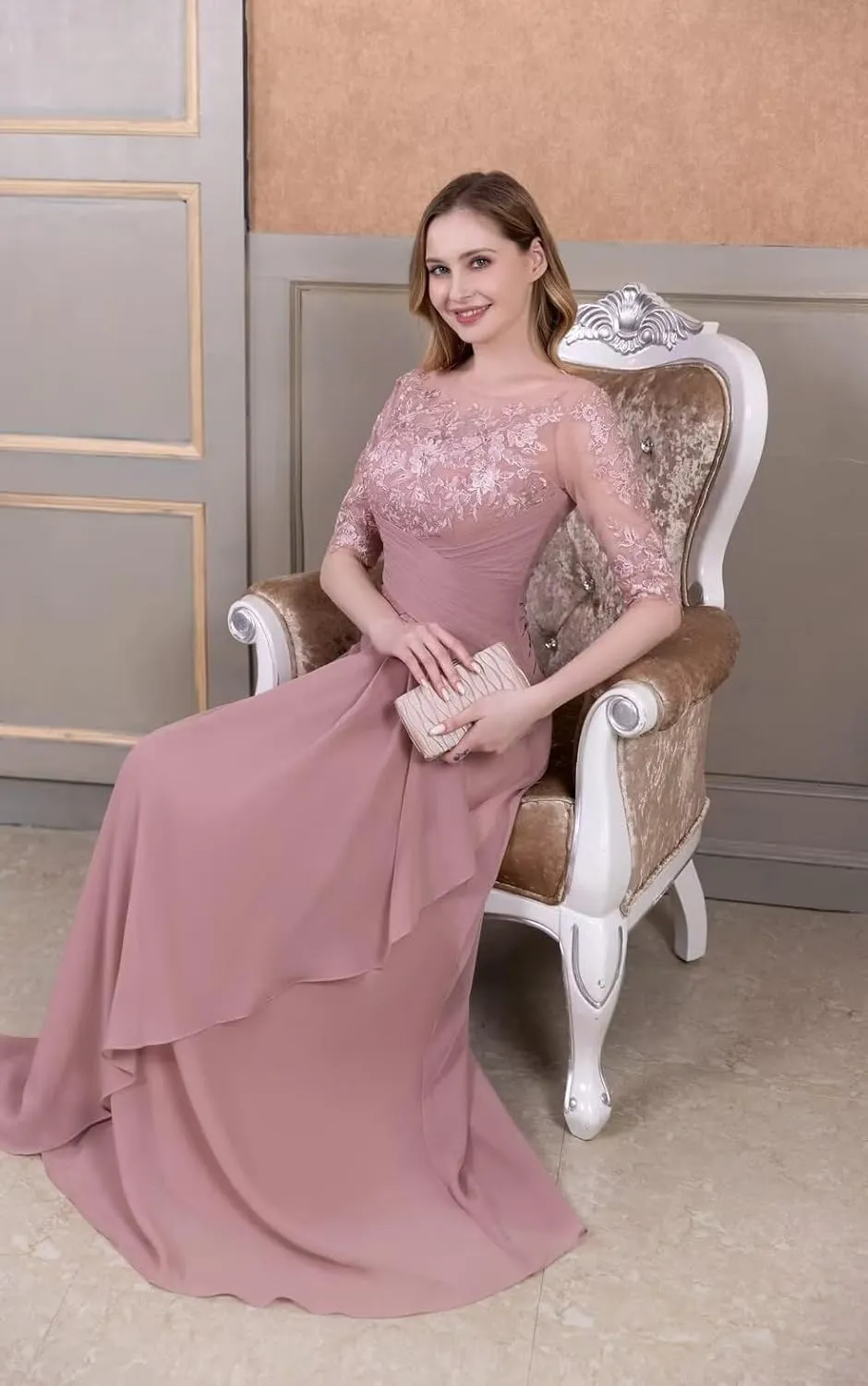 Mother of The Bride Dresses A-line Scoop Illusion Floor Length Chiffon Lace Wedding Guest Dress Long Formal Evening Gowns