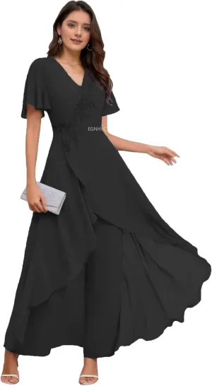 Mother of The Bride Pant Suits for Wedding V Neck Short Sleeve Chiffon Formal Outfit Womens Jumpsuit