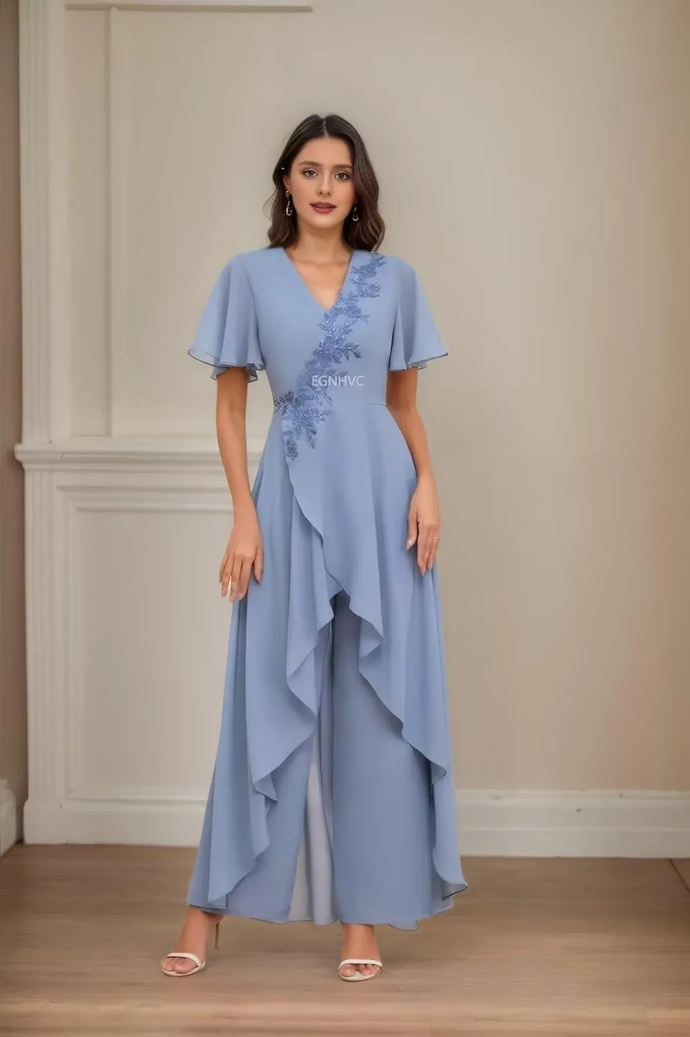 Mother of The Bride Pant Suits for Wedding V Neck Short Sleeve Chiffon Formal Outfit Womens Jumpsuit
