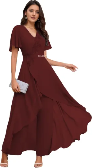 Mother of The Bride Pant Suits for Wedding V Neck Short Sleeve Chiffon Formal Outfit Womens Jumpsuit